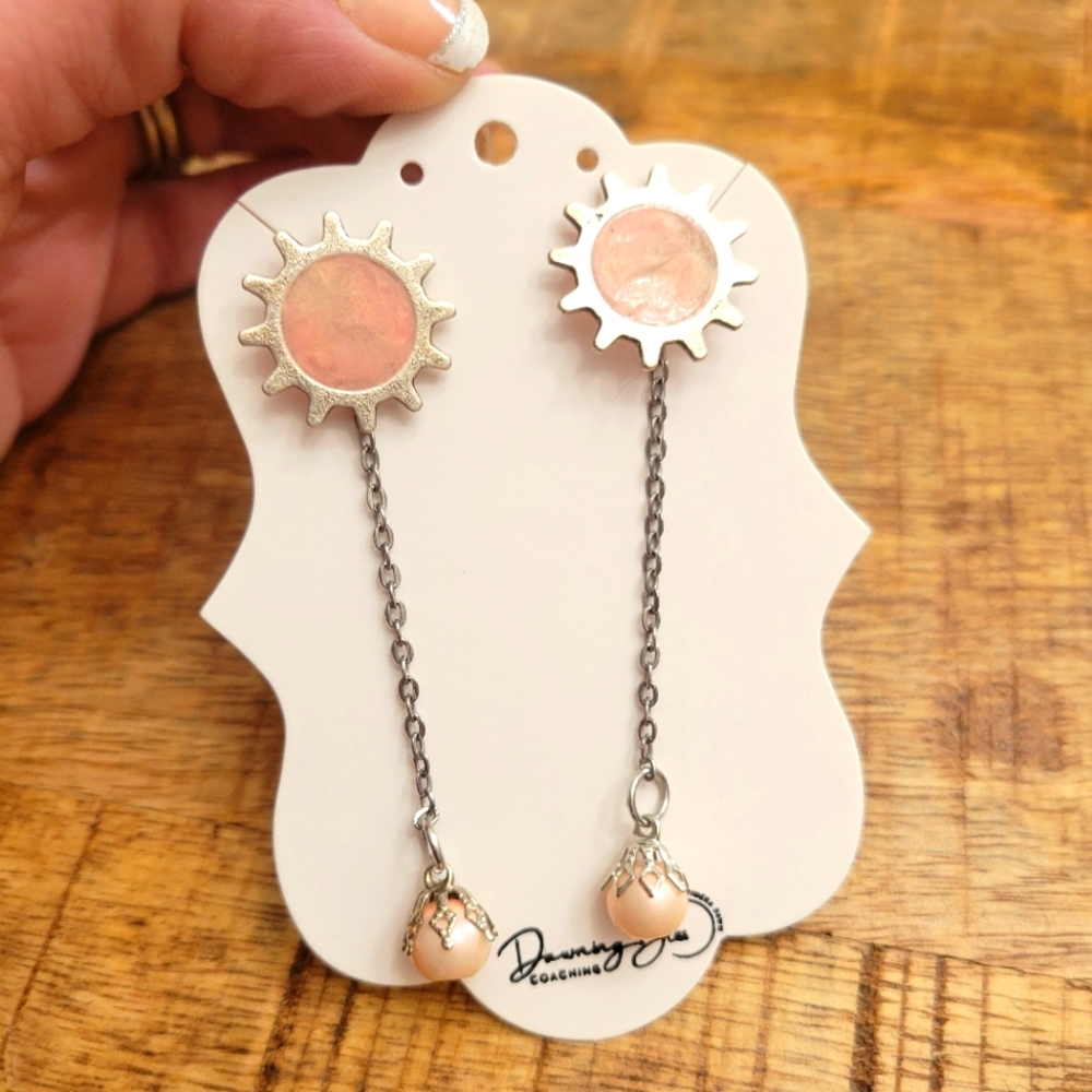 Pink and Silver Chain Faux Pearl Dangle Earrings by Tineka Dawn